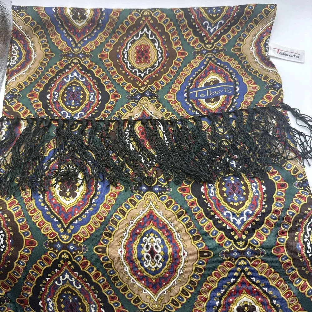 Talbots 100% Silk Fringe Scarf Green Paisley Medallion Print Women's Wrap
